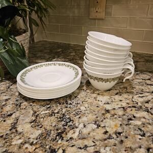 Corelle Crazy Daisy Set Of 8 Coffee Cups With Hook Handles And Saucers